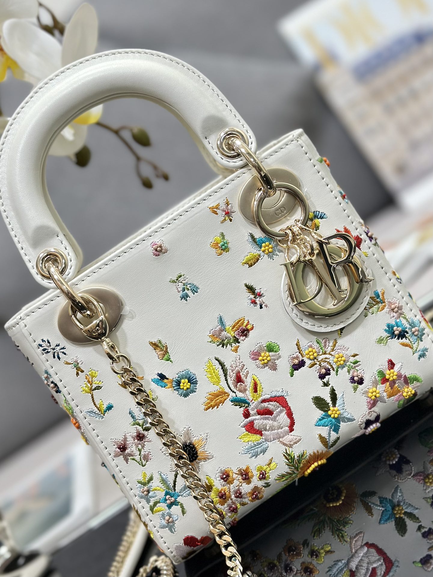 Mini Lady Dior Bag White Calfskin Embroidered with Flowers Beads